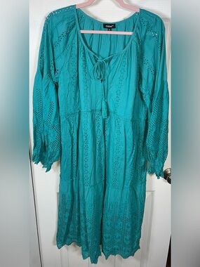 Women’s Sundance by Tolani Turquoise Midi Eyelet Dress 3/4 Sleeves XL Cotton